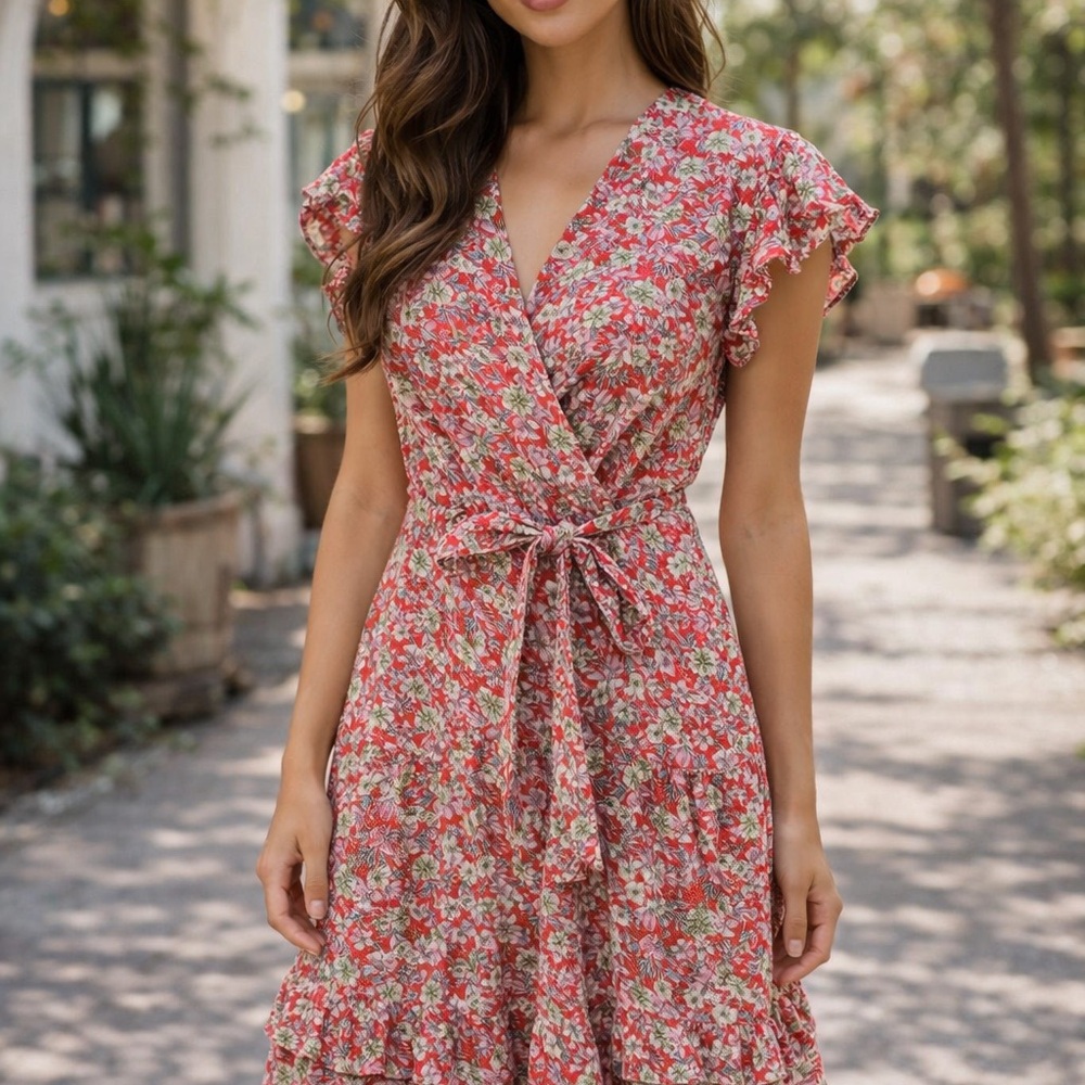 Monteau Los Angeles Floral Wrap Dress Ruffle Hem Tie Waist Boho Size S